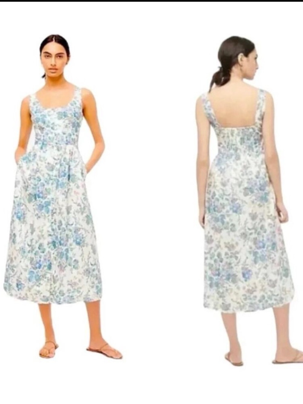 J. Crew White Floral Midi Dress with Blue & Green Print Garden cotton
